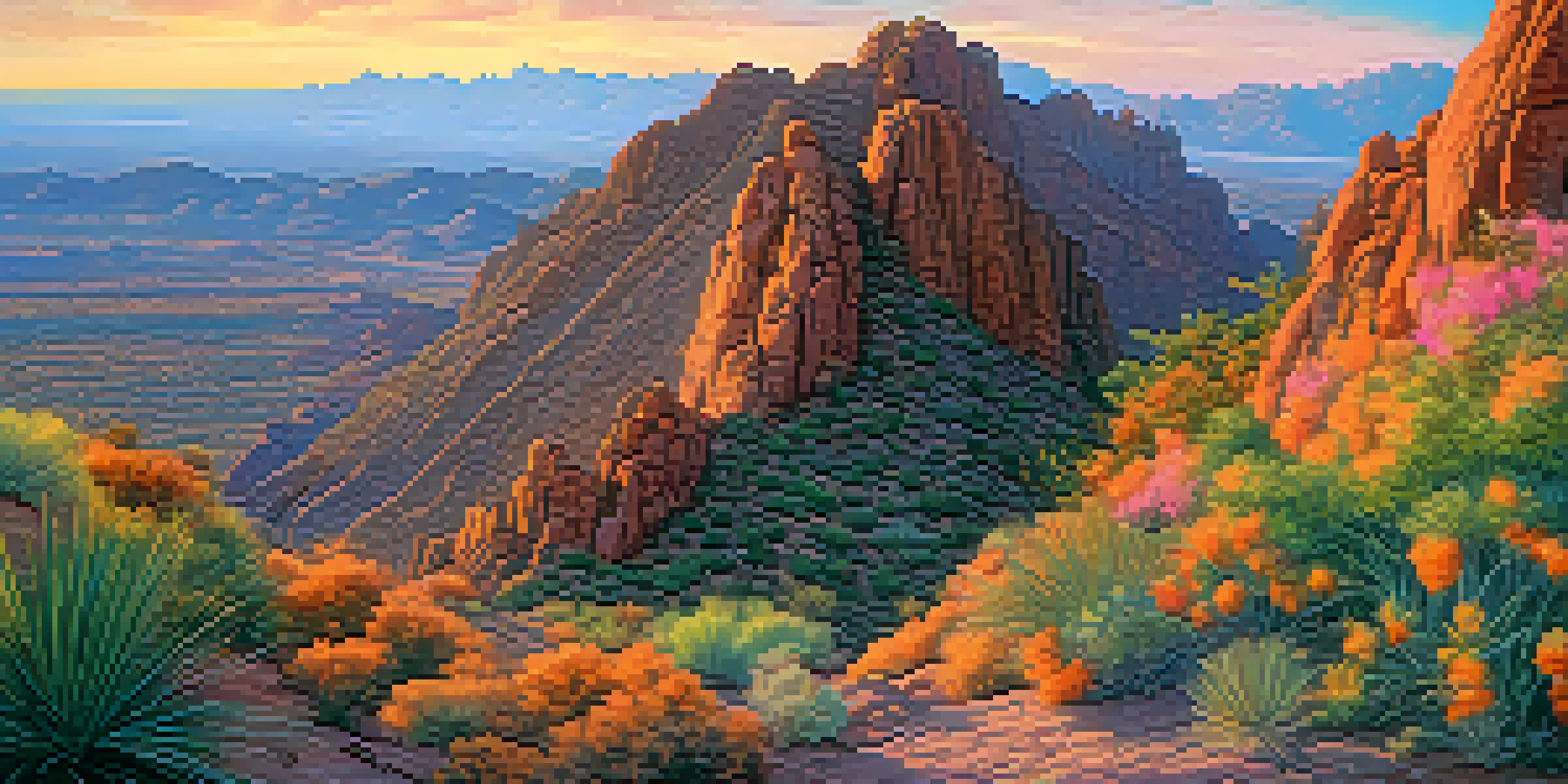 Climbers on Camelback Mountain at sunset, with a colorful sky and desert plants in the foreground.