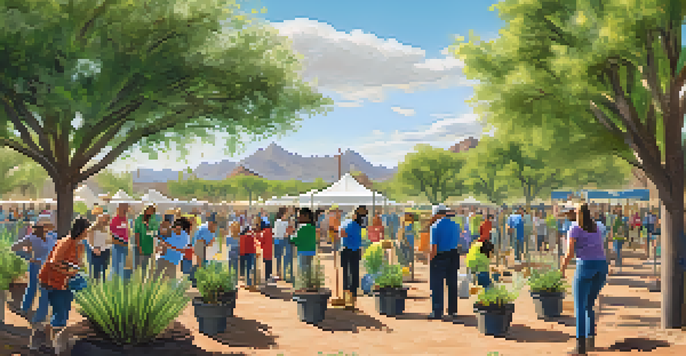 A community event in Scottsdale with residents planting trees and promoting water conservation.