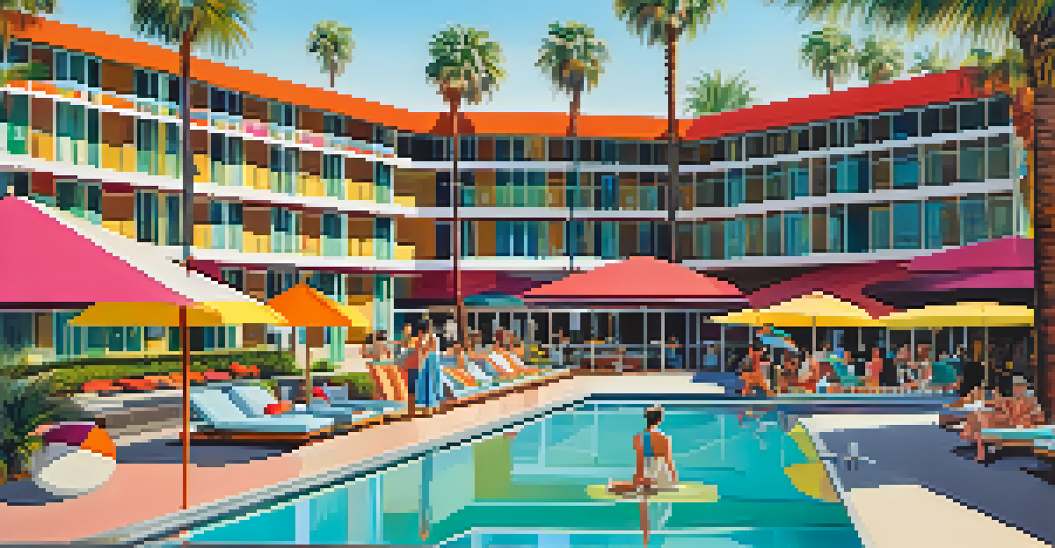 A mid-century modern hotel with geometric architecture, featuring a pool area and palm trees.