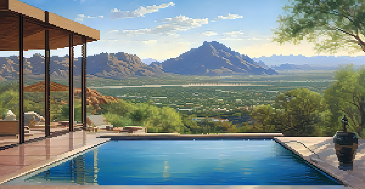 A stunning view of Camelback Mountain with an infinity pool in the foreground, surrounded by clear skies.