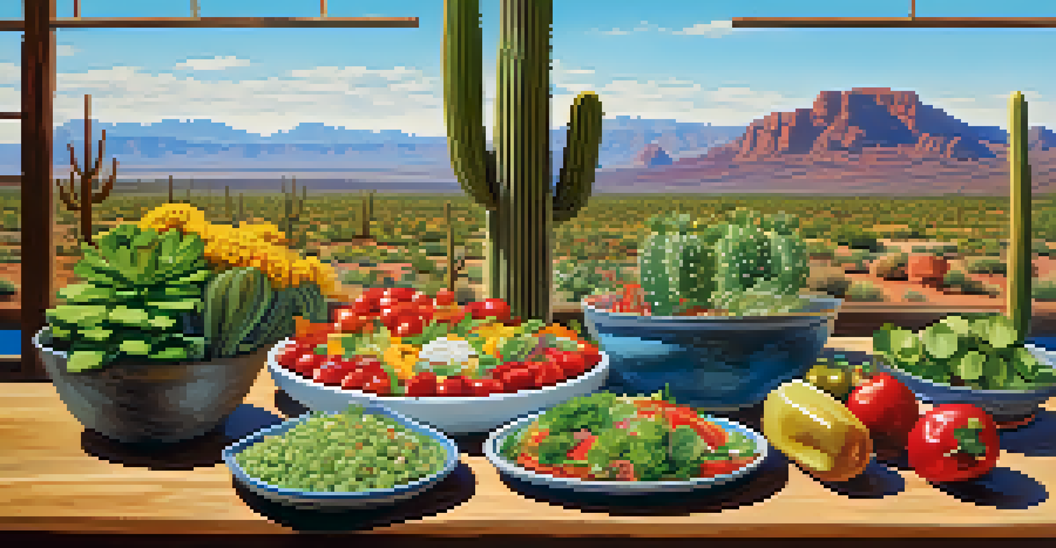A colorful salad made with fresh ingredients displayed on a rustic table with a desert view.