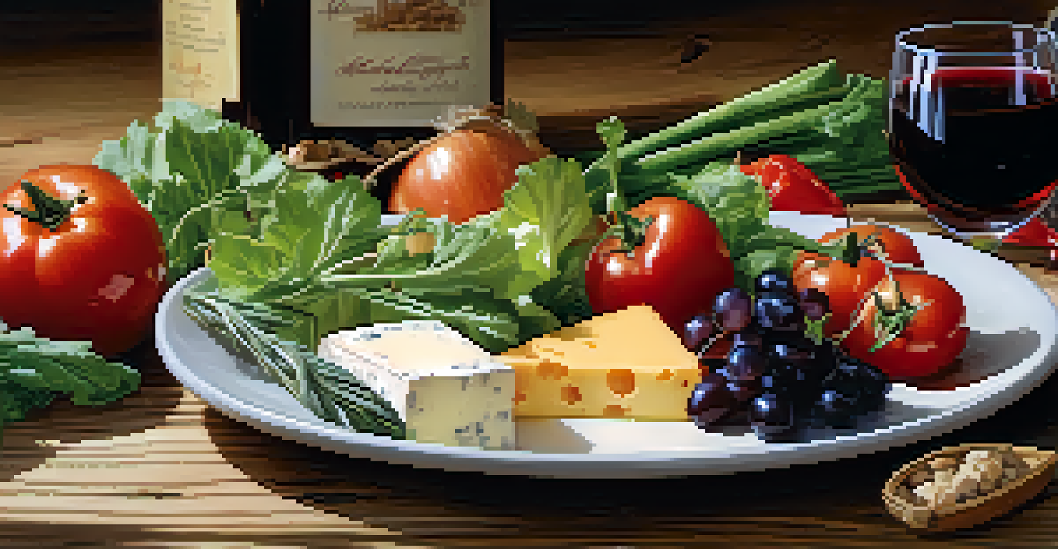 A close-up view of a gourmet dish with local ingredients, a glass of red wine, and warm lighting on a rustic wooden table.