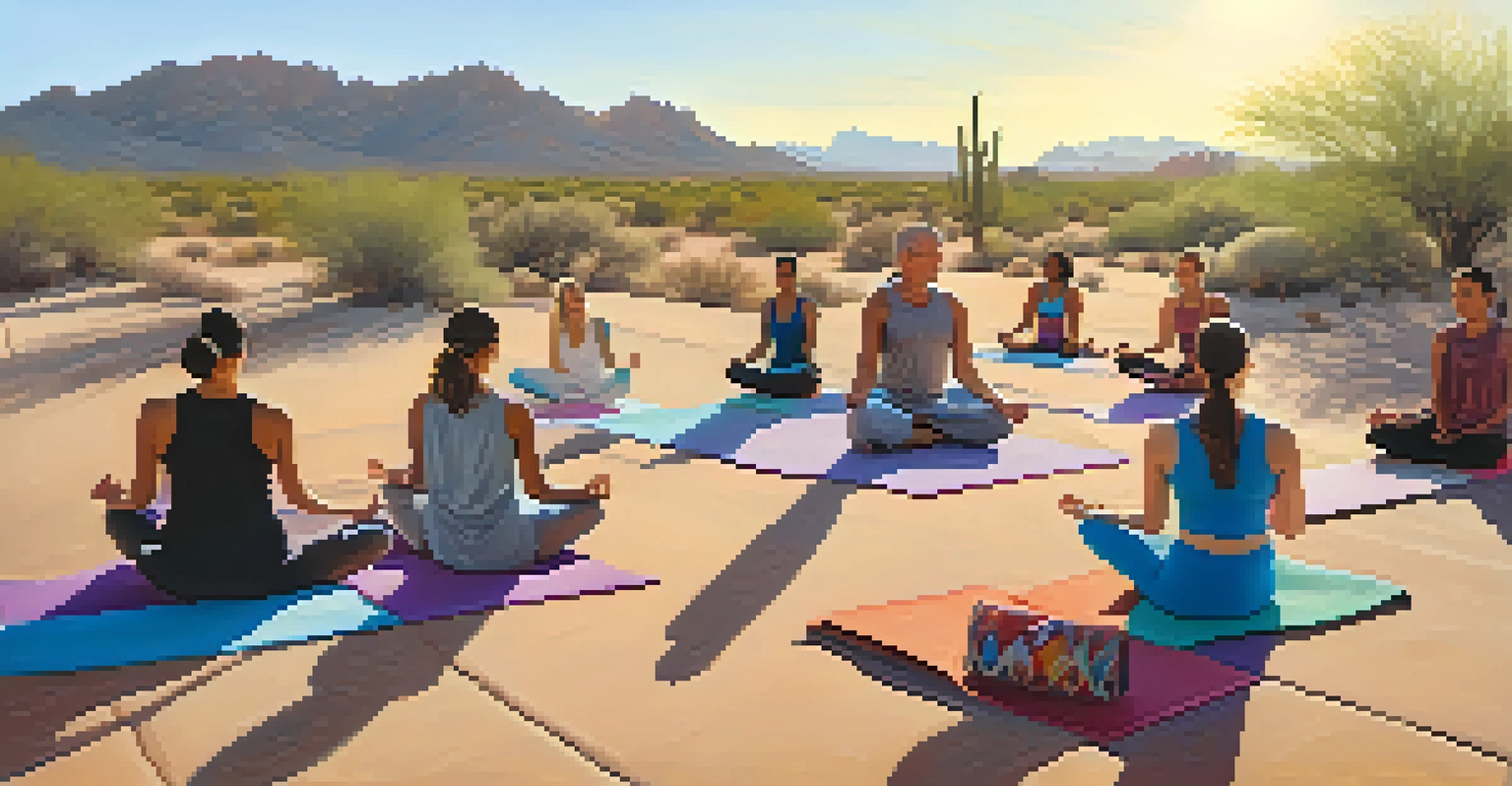 A group of people practicing yoga outdoors in the Scottsdale desert with beautiful landscapes.