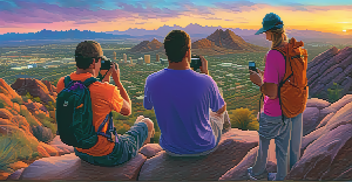 A breathtaking view from Camelback Mountain at sunrise, with hikers capturing the scenic beauty of the colorful sky and the city of Scottsdale below.