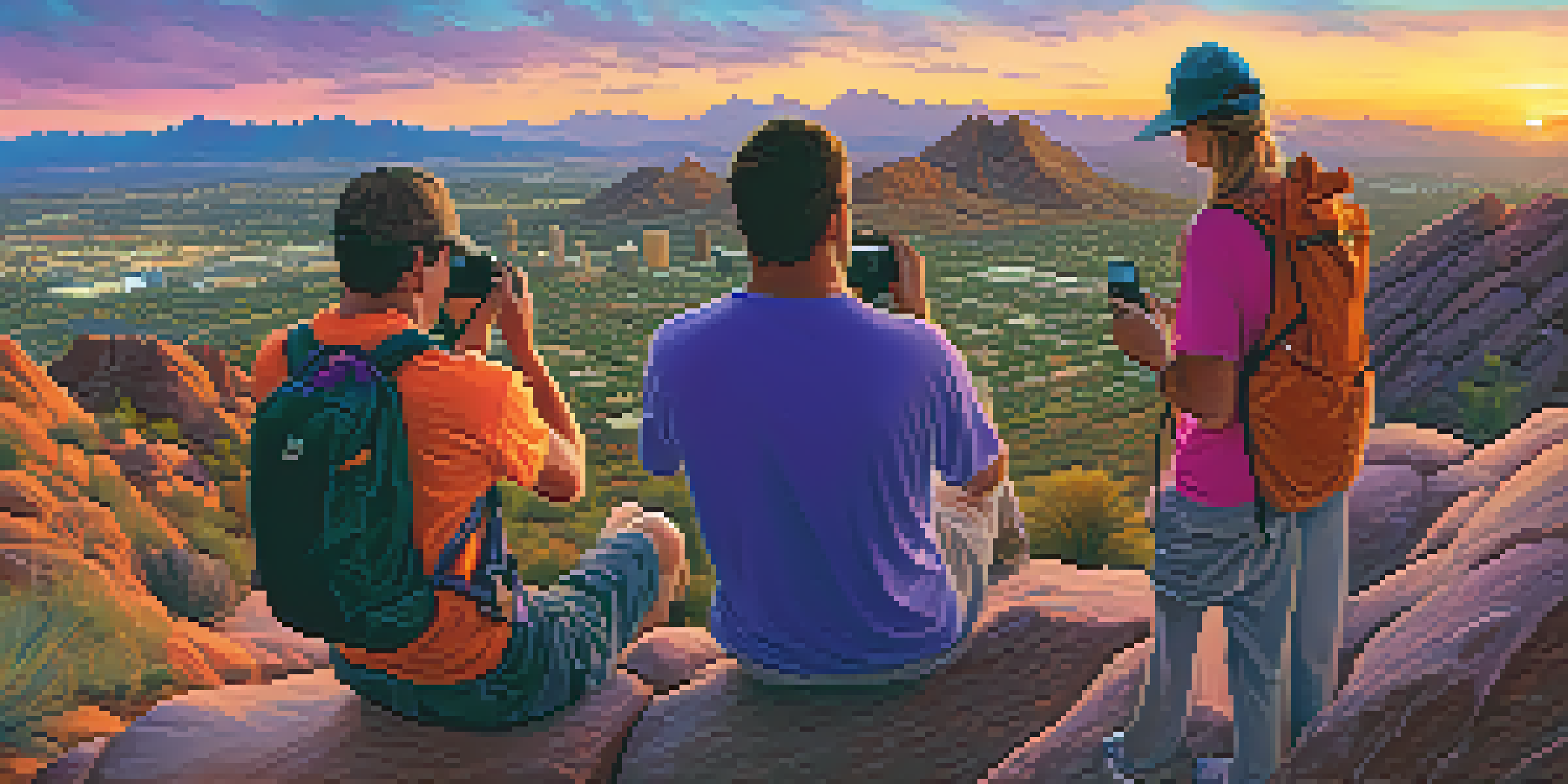 A breathtaking view from Camelback Mountain at sunrise, with hikers capturing the scenic beauty of the colorful sky and the city of Scottsdale below.