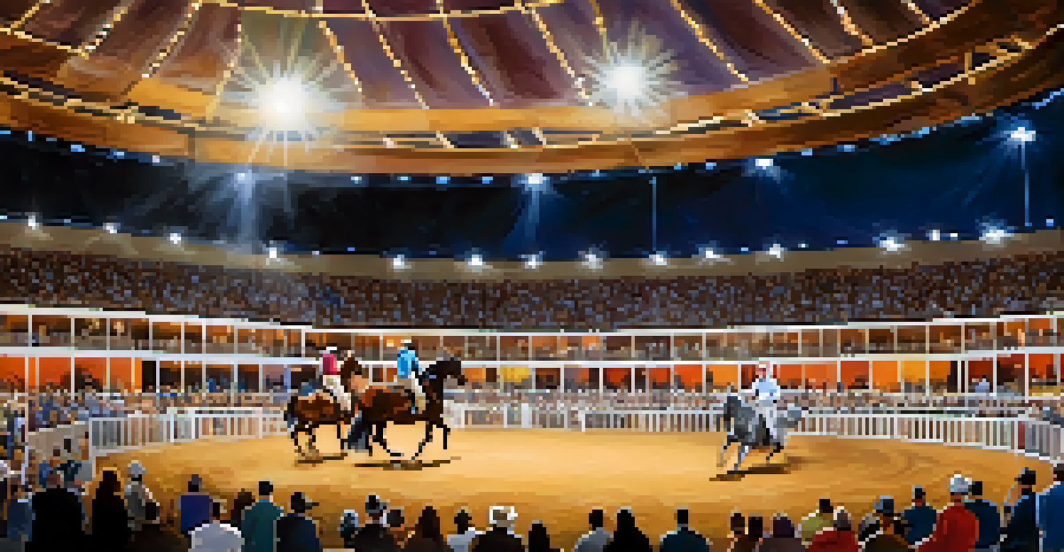 A vibrant scene from the Arabian Horse Show with a horse performing in front of an enthusiastic crowd.