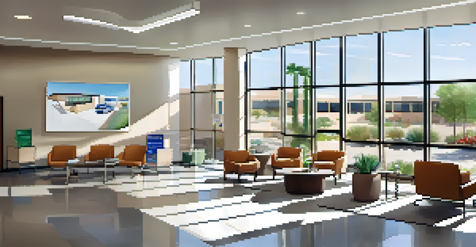 A modern healthcare clinic in Scottsdale with bright interiors and diverse patients interacting with staff.