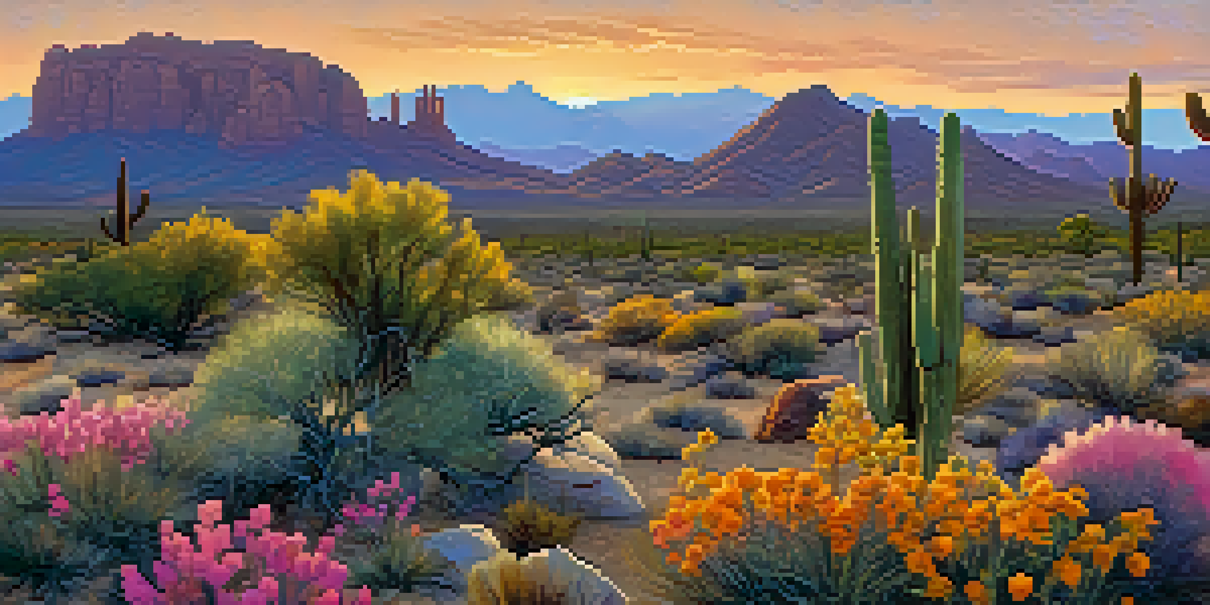 A sunset view of the McDowell Sonoran Preserve with wildflowers in the foreground and mountains in the background.