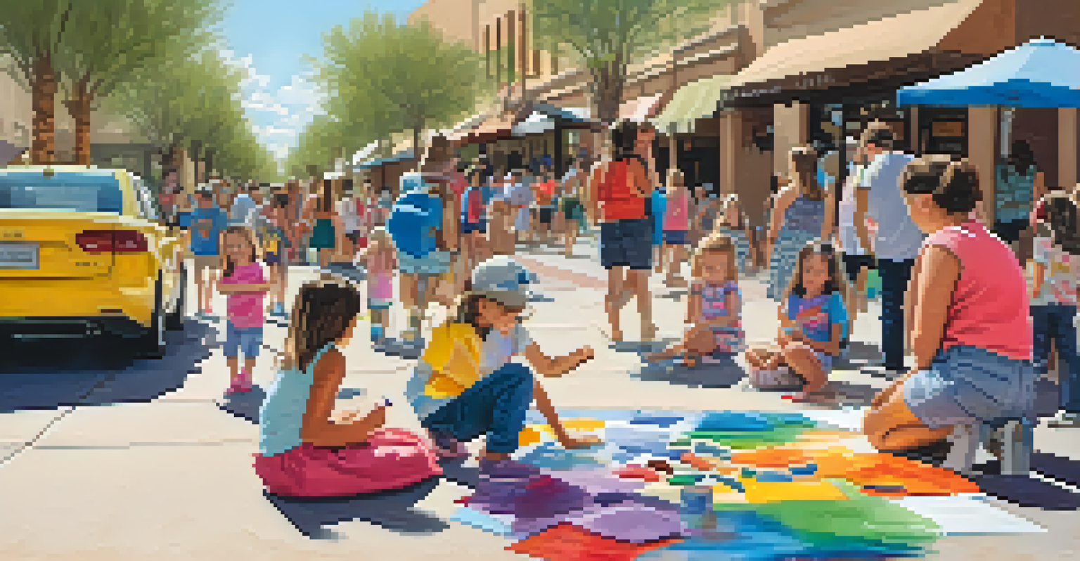 A cheerful family scene at the Scottsdale Art Walk, with children engaging in art activities and parents enjoying the vibrant atmosphere.