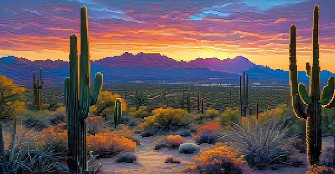 A picturesque sunset over the Sonoran Desert with saguaro cacti and mountains in the background.