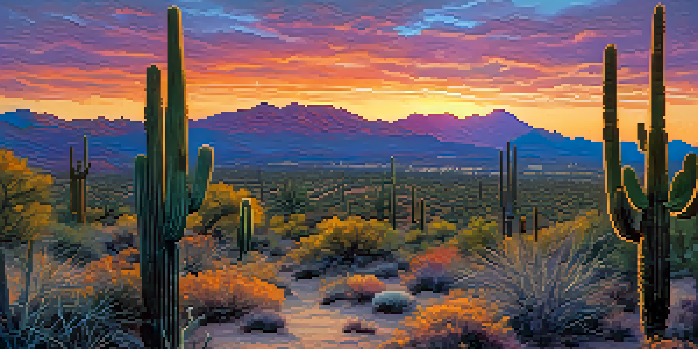 A picturesque sunset over the Sonoran Desert with saguaro cacti and mountains in the background.