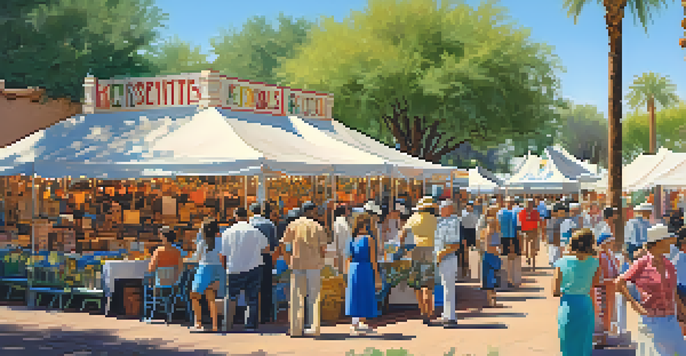 A lively community heritage festival with colorful booths and locals sharing stories, historic buildings in the background, and a bright blue sky.