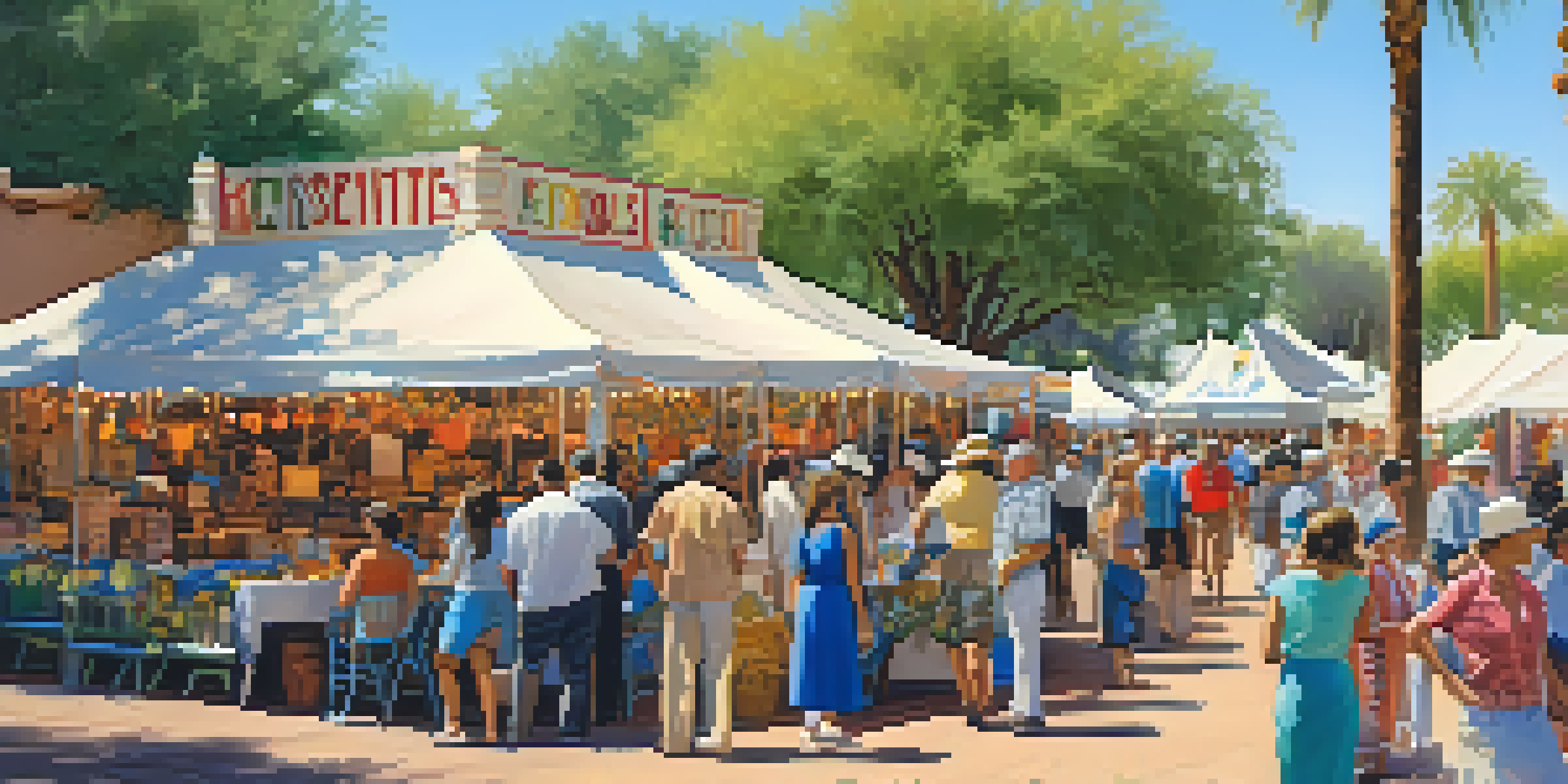 A lively community heritage festival with colorful booths and locals sharing stories, historic buildings in the background, and a bright blue sky.