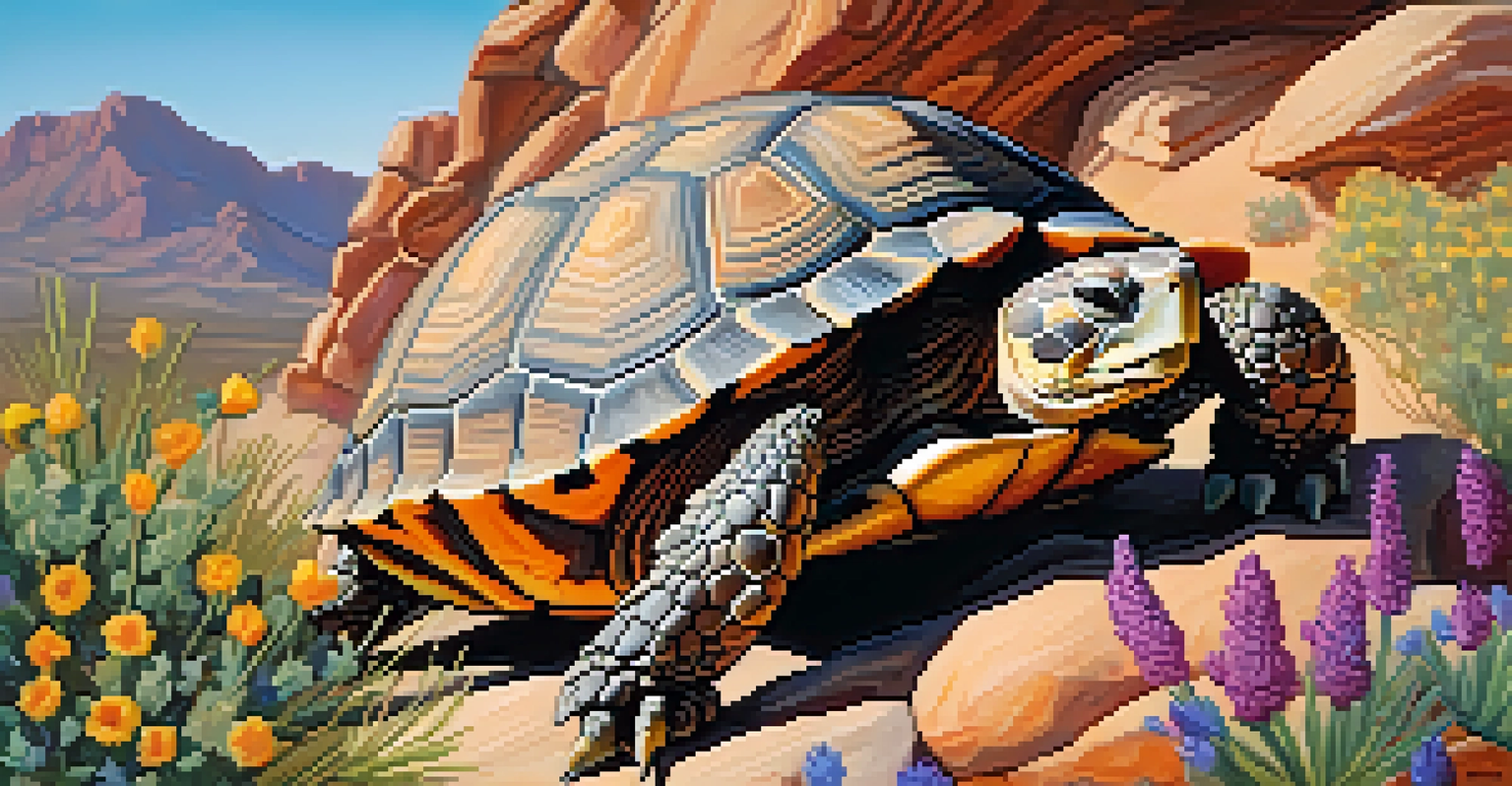 A close-up of a desert tortoise surrounded by wildflowers and rocky terrain, showcasing biodiversity.