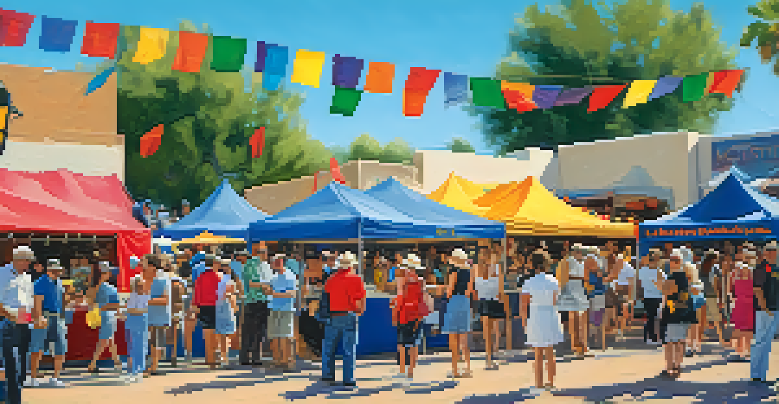 A bustling Scottsdale Arts Festival with artists' booths, colorful banners, and visitors enjoying the artwork under a bright blue sky.