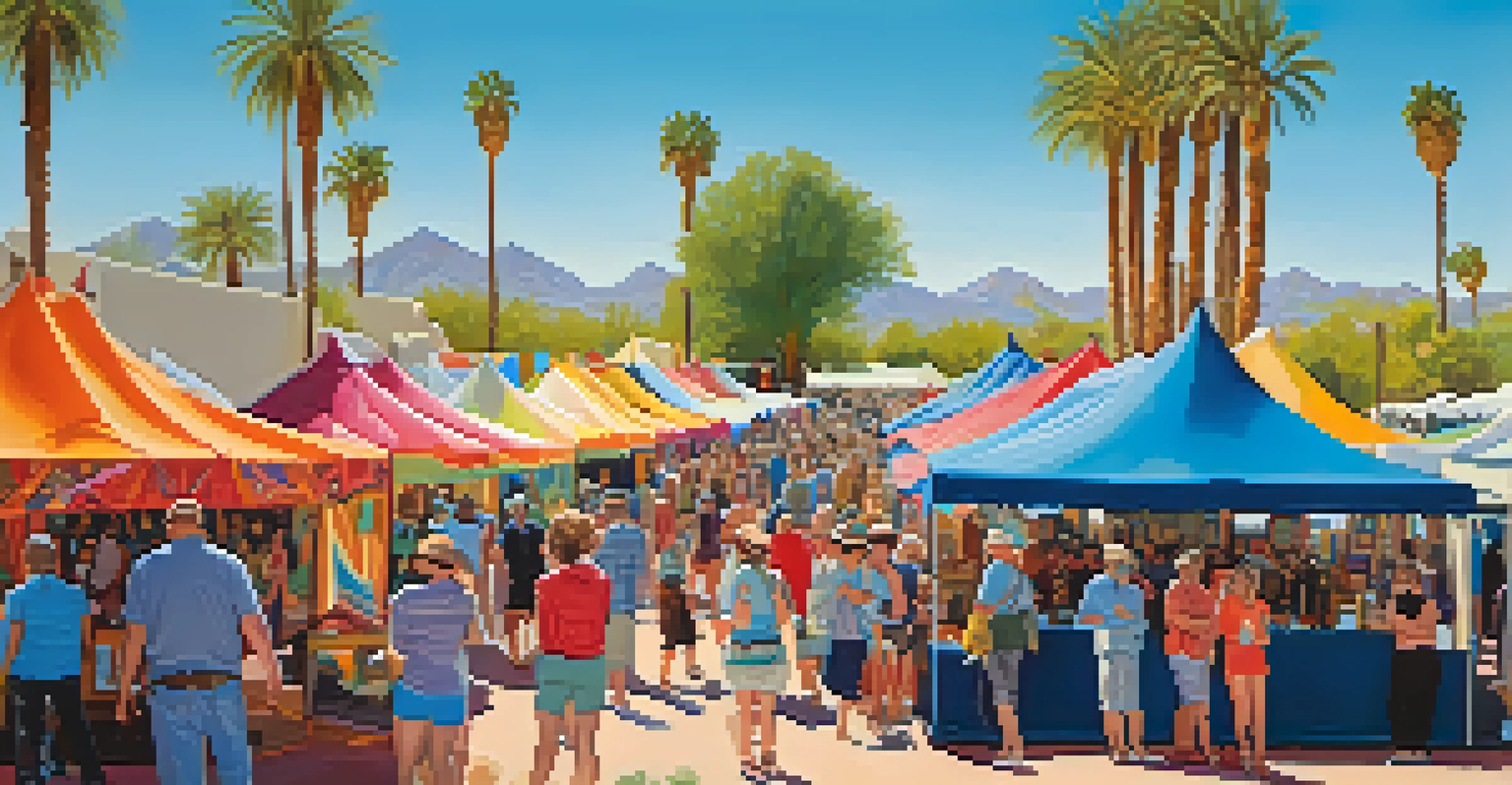 A bustling art festival in Scottsdale with artists, colorful tents, and visitors admiring artwork under a clear sky.