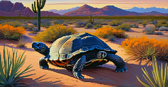 A desert scene in Scottsdale at sunset with a Sonoran Desert tortoise burrowing into the sand surrounded by cacti and wildflowers.