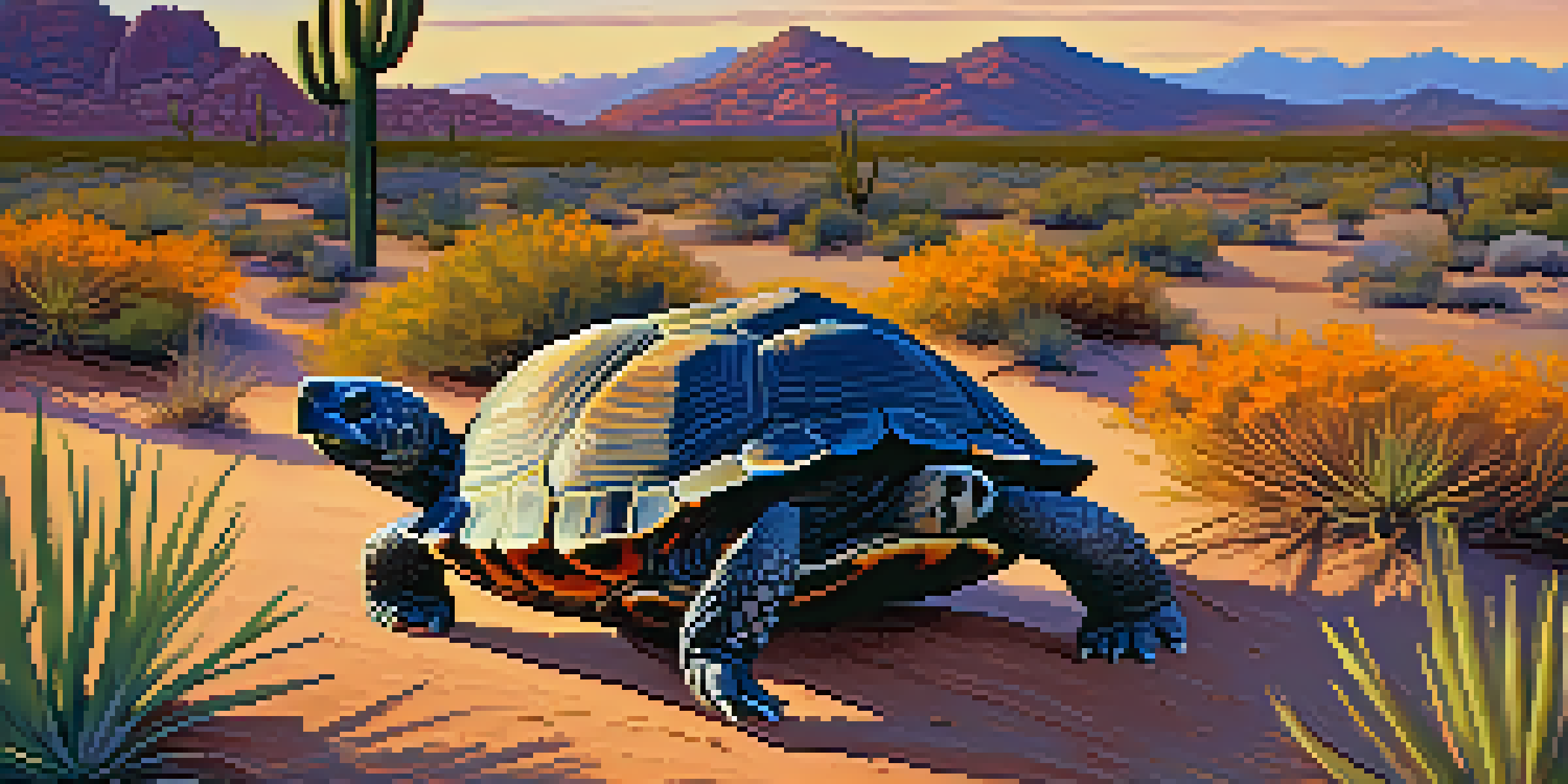 A desert scene in Scottsdale at sunset with a Sonoran Desert tortoise burrowing into the sand surrounded by cacti and wildflowers.