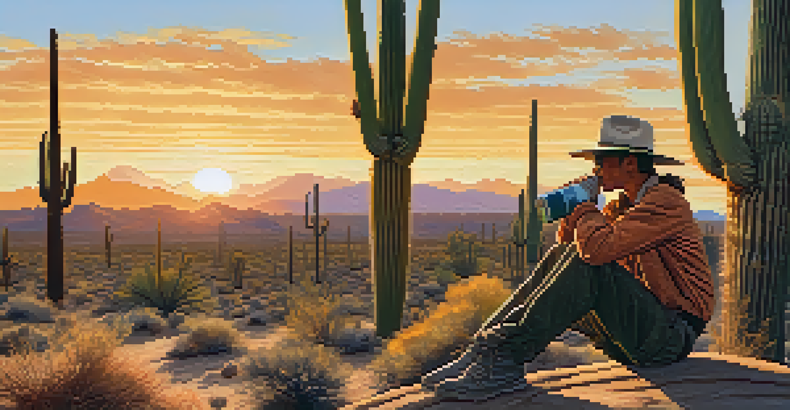 A hiker resting under a saguaro cactus at sunset, drinking water with desert plants around them.
