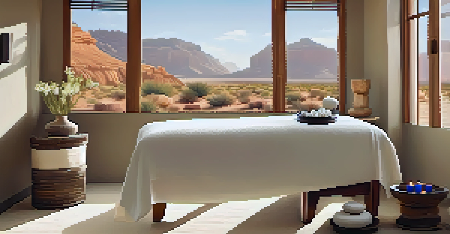 A soothing spa treatment room with a massage table, hot stones, and flickering candles, with a view of the desert outside.