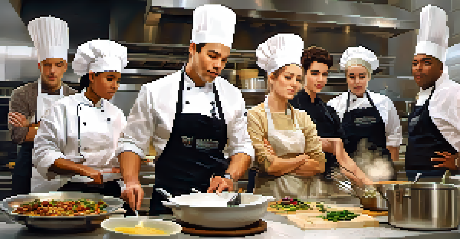 A culinary instructor demonstrating cooking techniques to a class, with students attentively watching in a well-equipped kitchen.