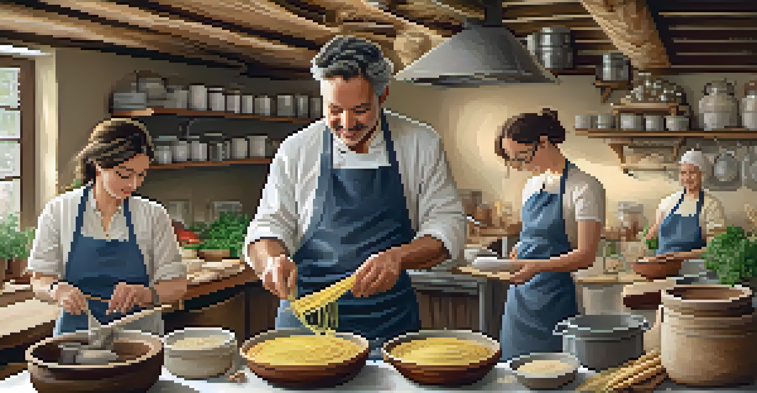 A local chef demonstrating pasta-making in a cozy kitchen, with participants observing and ingredients visible around them.