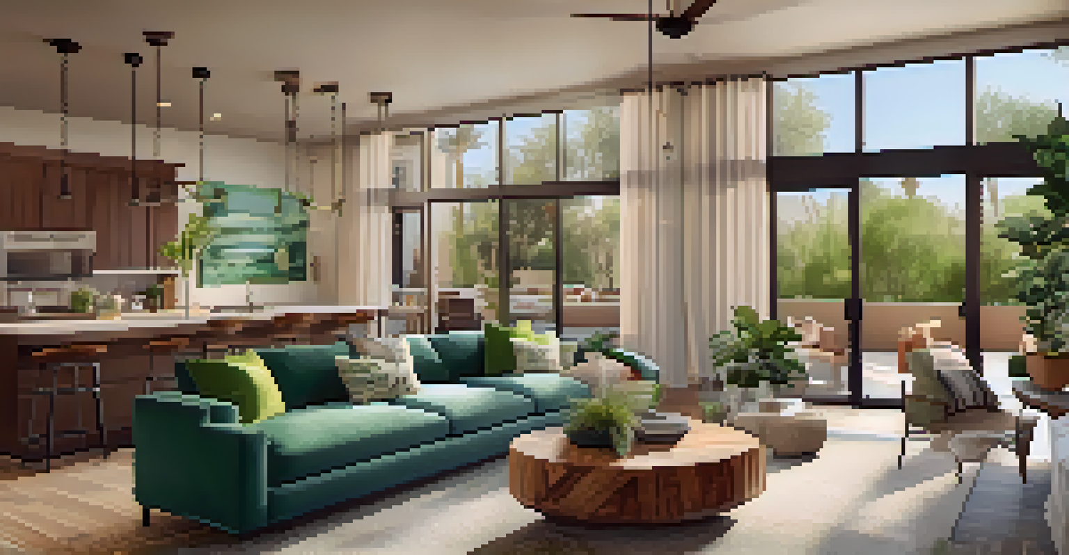 The interior of a stylish rental apartment in Scottsdale, showcasing contemporary furniture and eco-friendly design elements illuminated by natural light.