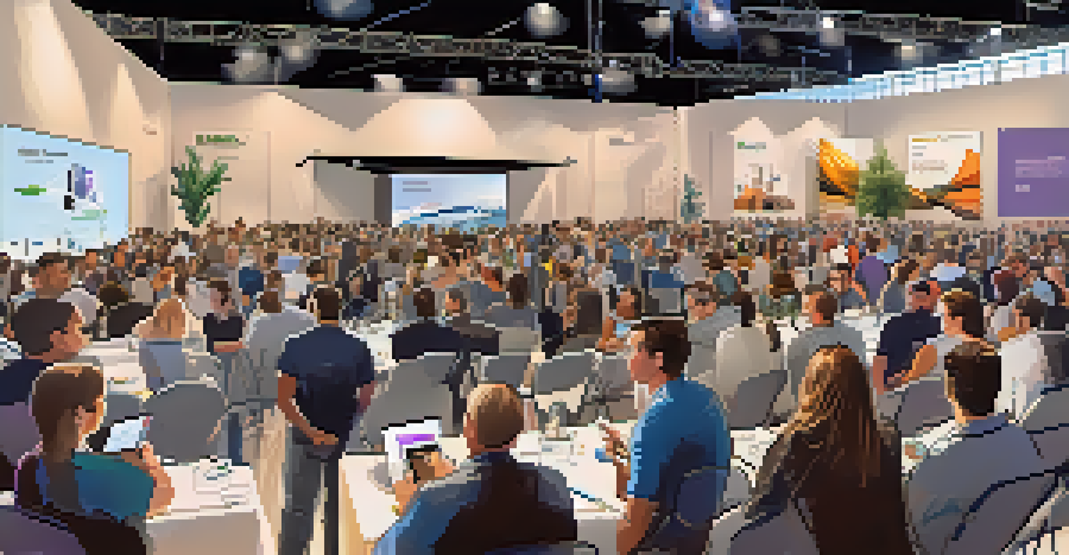 A tech startup event with a speaker on stage and an engaged audience, surrounded by banners and tech displays.