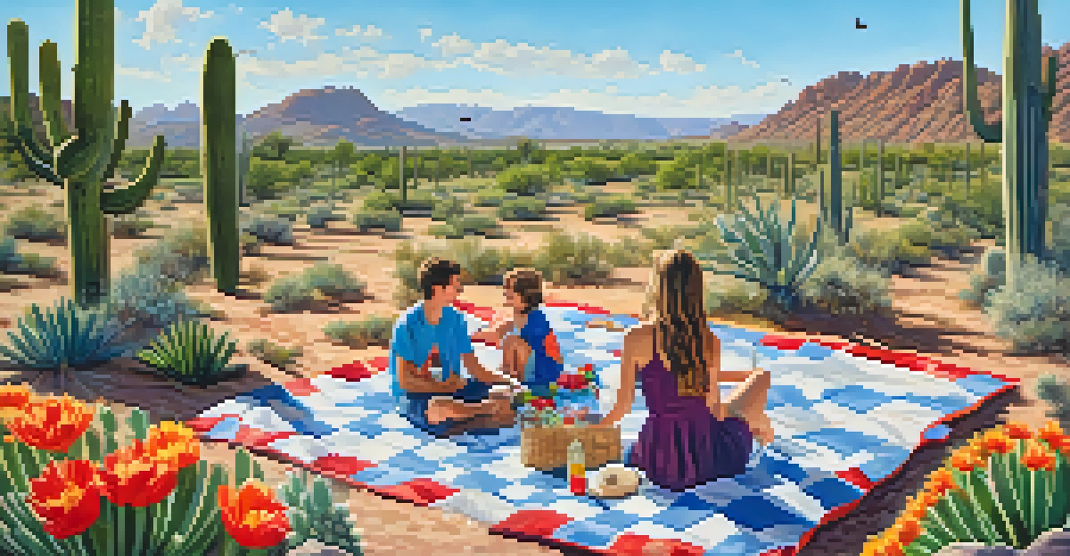 A family having a picnic on a blanket surrounded by wildflowers and cacti in a sunny park.
