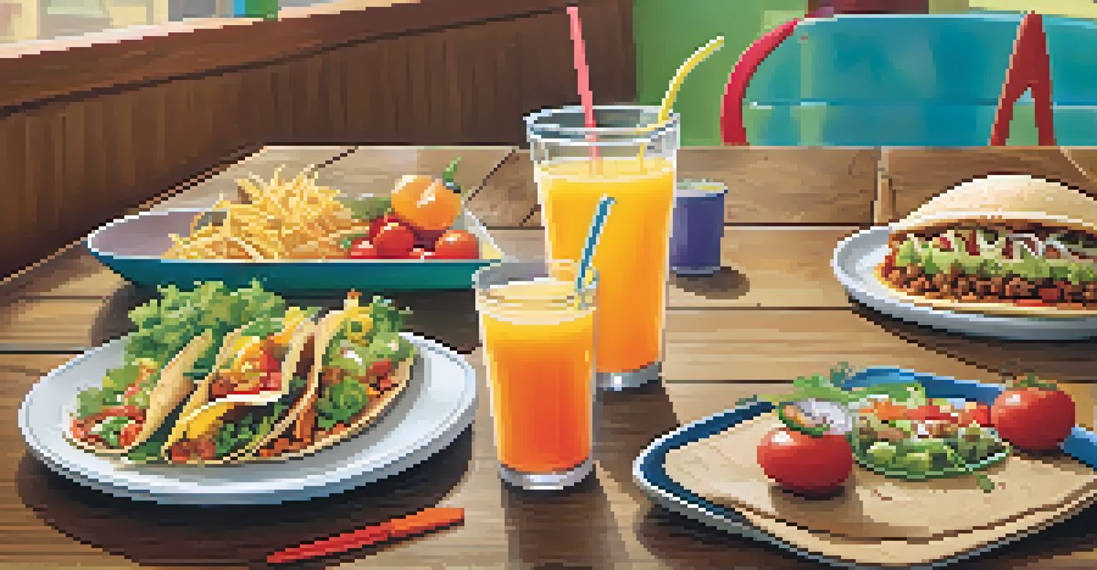 A colorful kids' menu displaying healthy meal options, placed on a wooden table with playful utensils and juice.