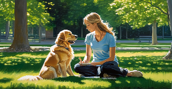 A golden retriever sitting next to its owner during a dog training session in a sunny park.