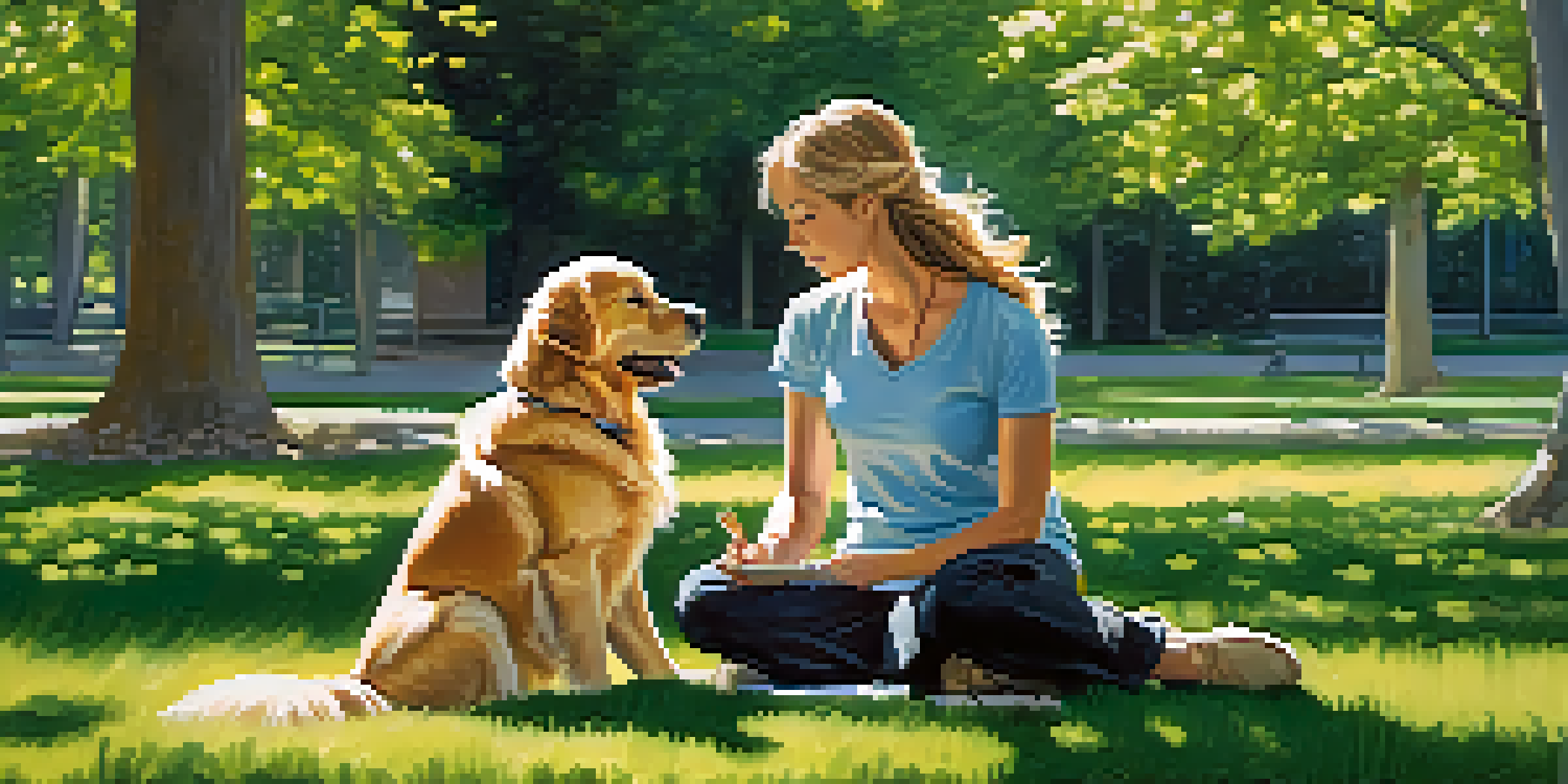 A golden retriever sitting next to its owner during a dog training session in a sunny park.