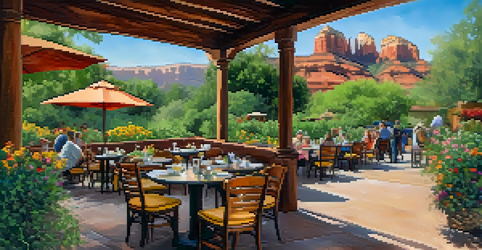 An outdoor dining setup at The Secret Garden Cafe in Sedona, surrounded by greenery and flowers, with diners enjoying their meals.