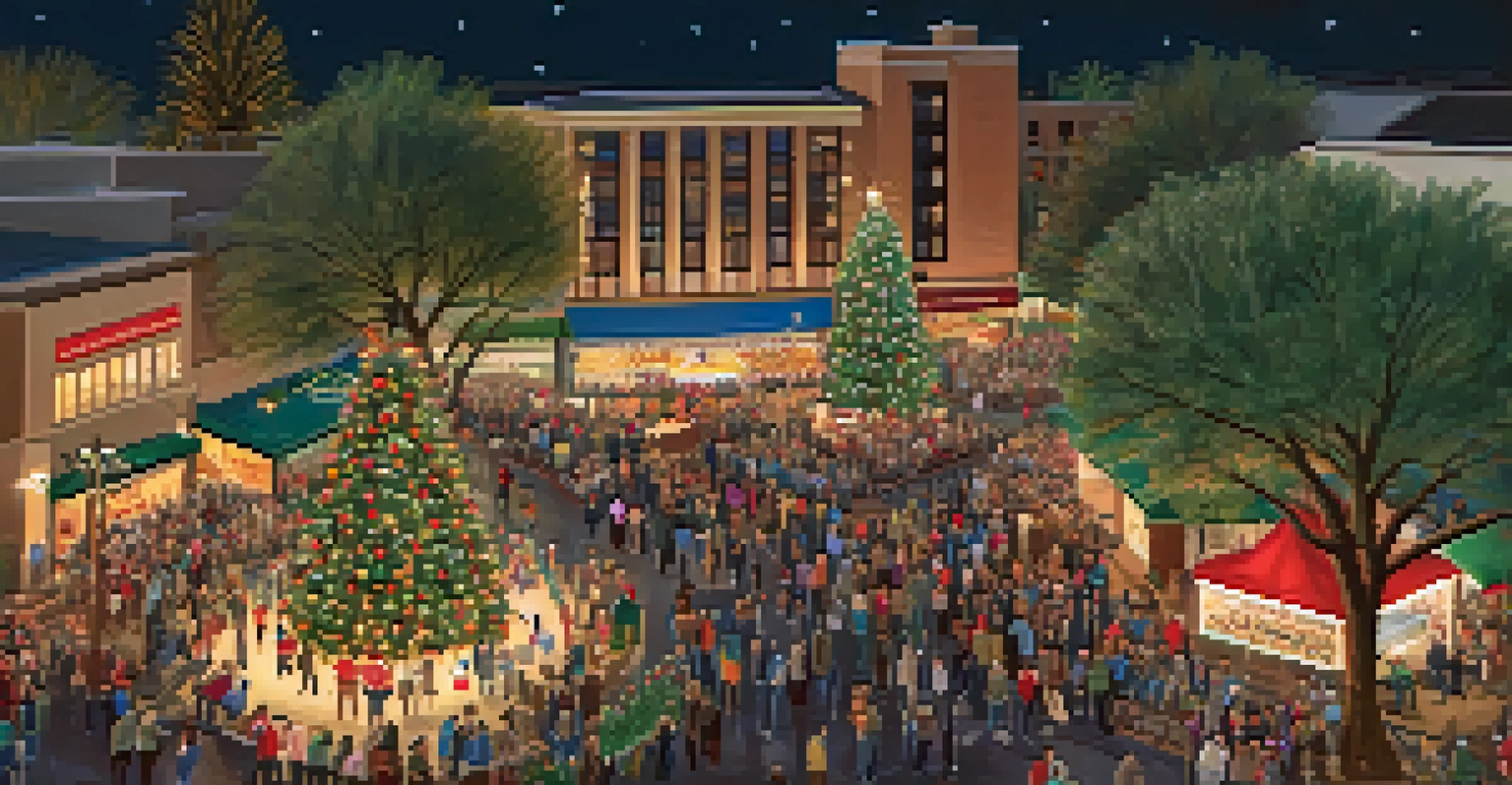 An aerial view of a festive gathering at night, featuring a large Christmas tree and illuminated streets filled with people.