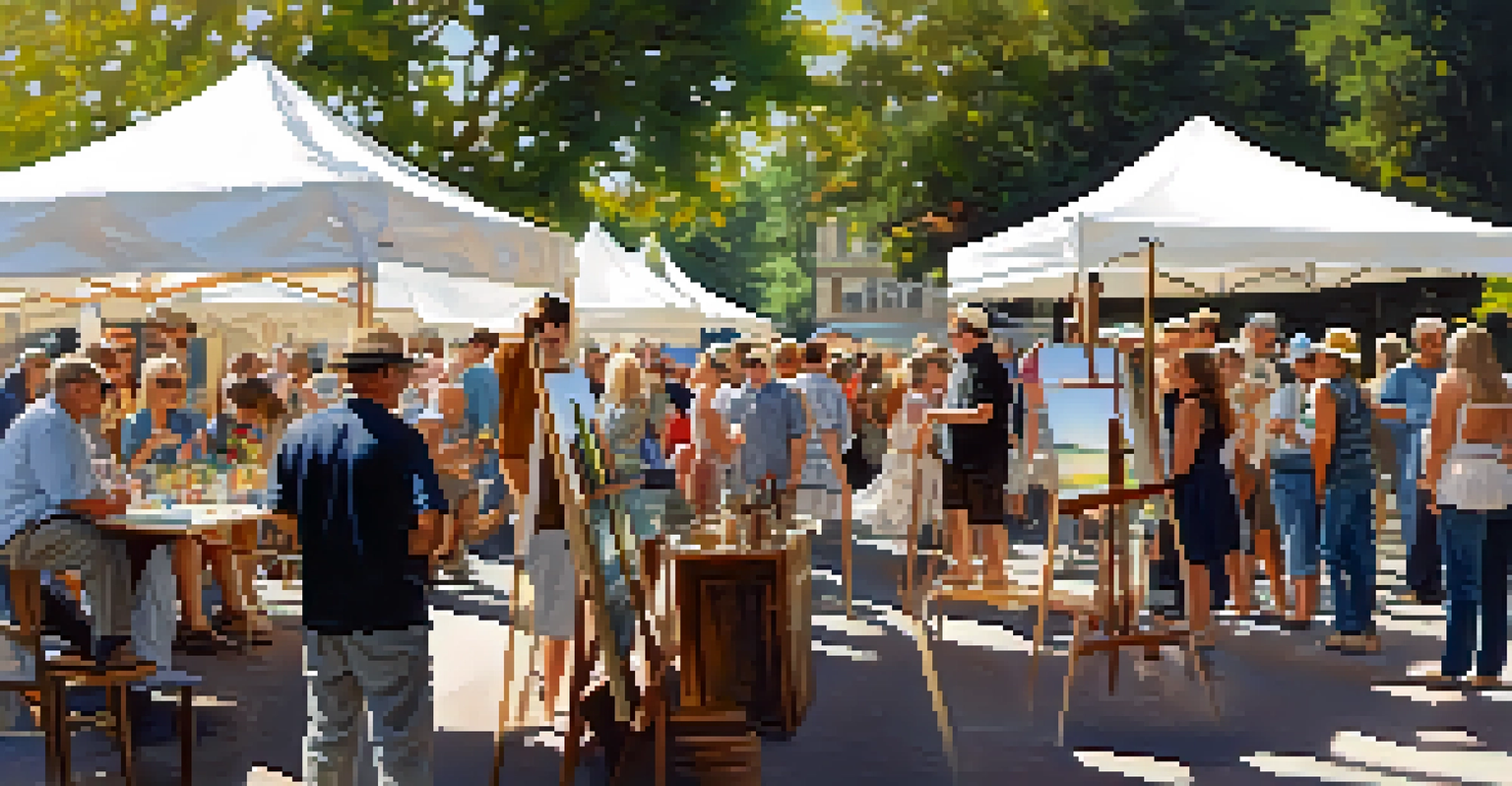 An artist demonstrating their work at an outdoor festival, with colorful artwork displayed and people watching.