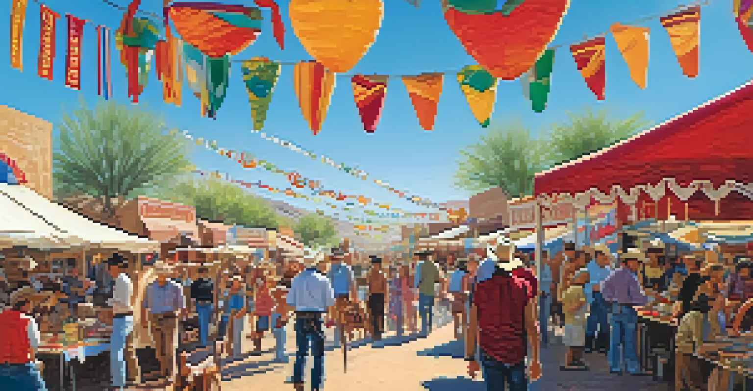 A lively festival scene with people in Western clothing, crafts, and food stalls, celebrating the Scottsdale Cowboy Festival.