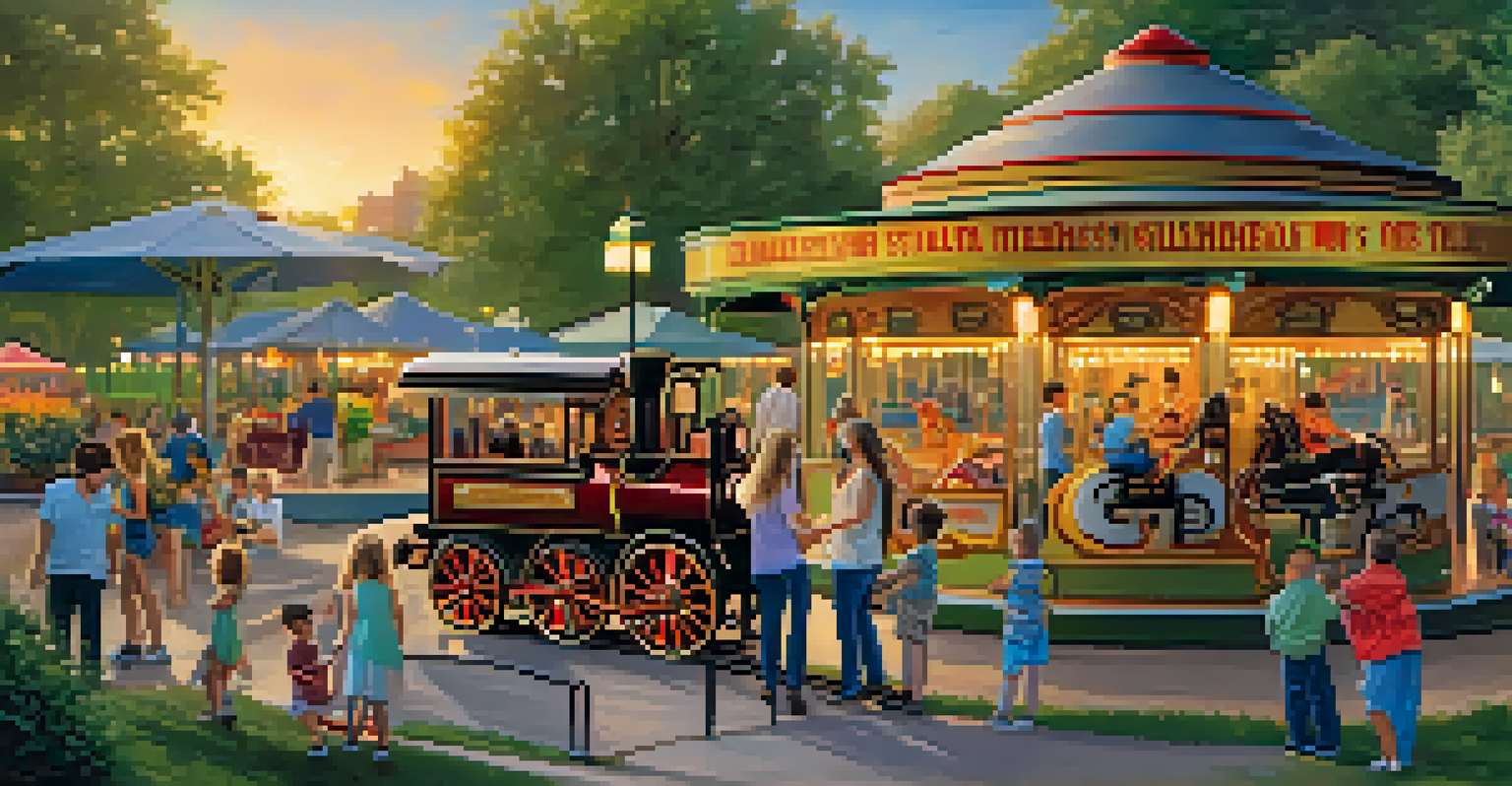 Families enjoying a miniature train ride at a park filled with greenery and a colorful carousel.