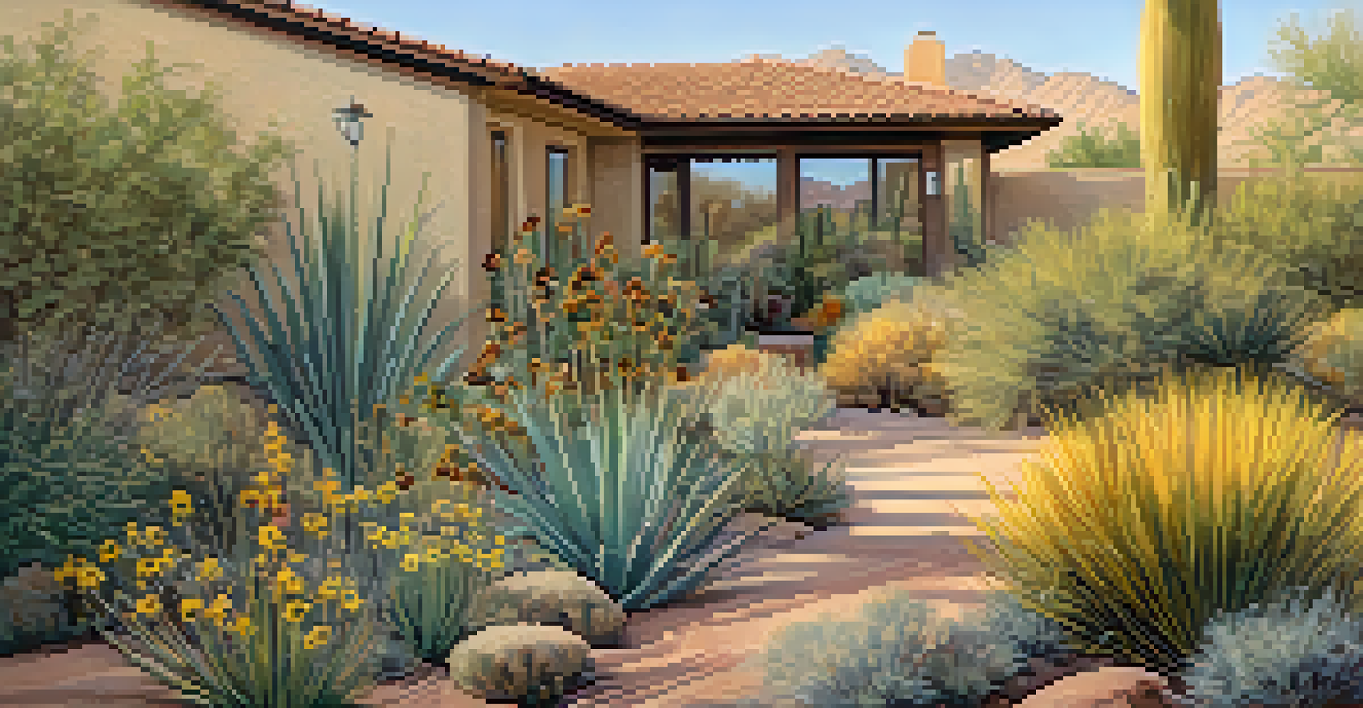 An urban garden filled with native desert plants, with butterflies and bees, bathed in warm late afternoon light.