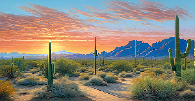A beautiful sunrise casting orange and pink colors over the desert landscape with saguaro cacti and rocky formations.