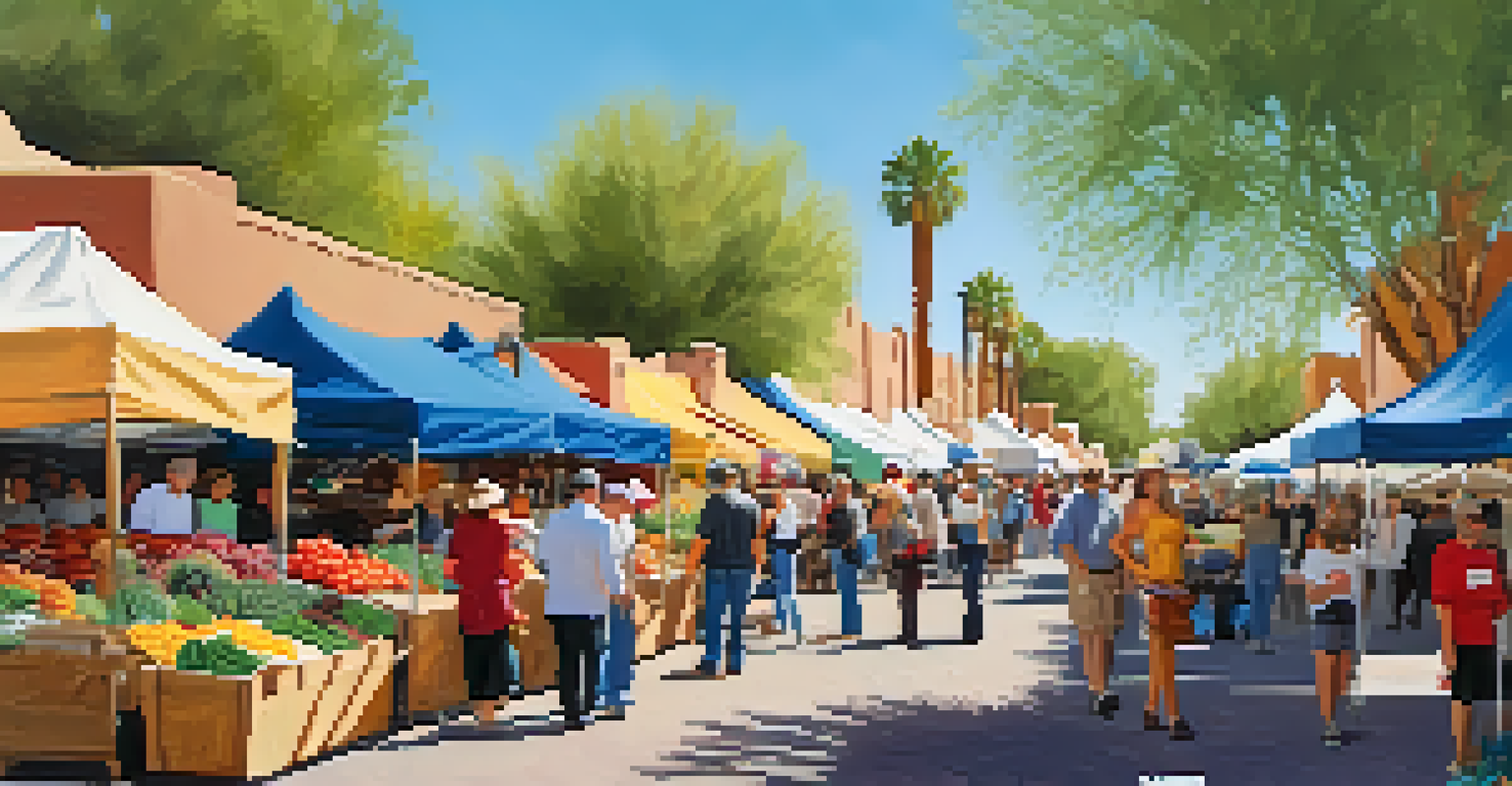A busy outdoor farmers' market with various stalls full of fresh produce and crafts, surrounded by people enjoying the day.