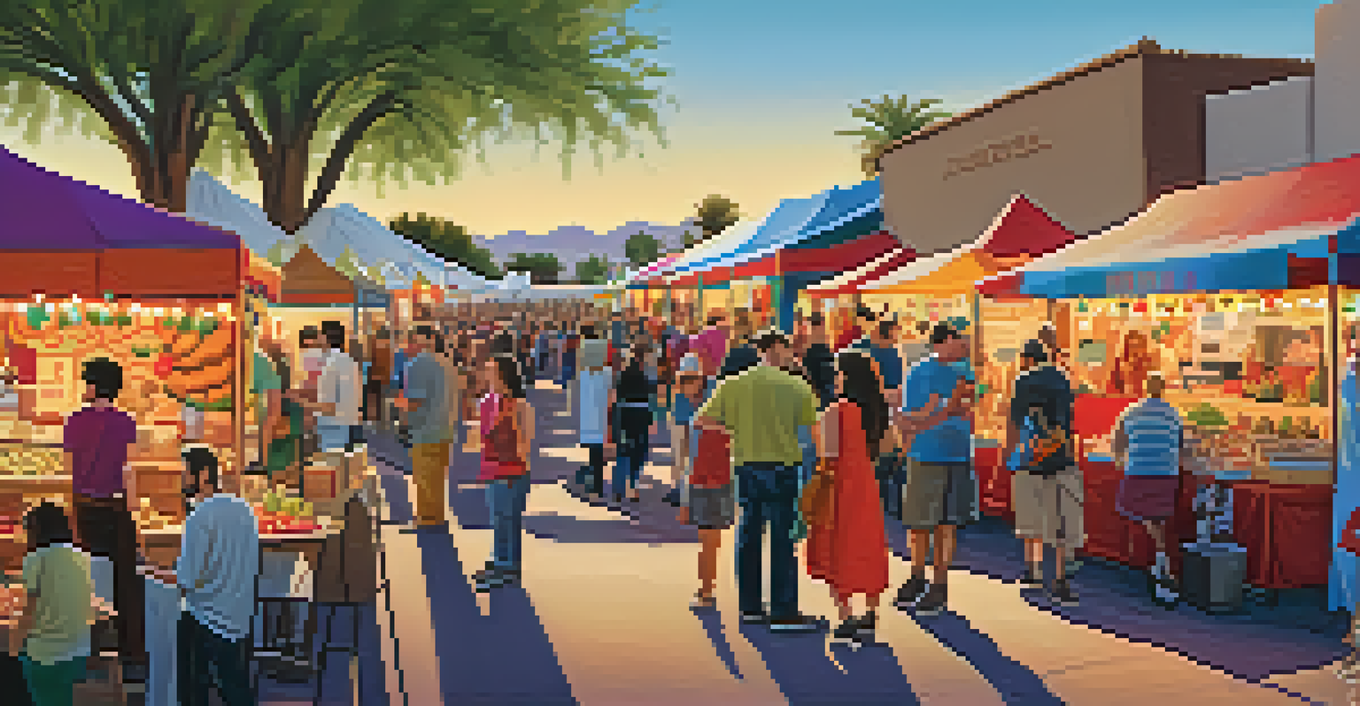 A vibrant marketplace at a Scottsdale music festival with food trucks and local artisans, showcasing attendees enjoying gourmet food and browsing handmade crafts.