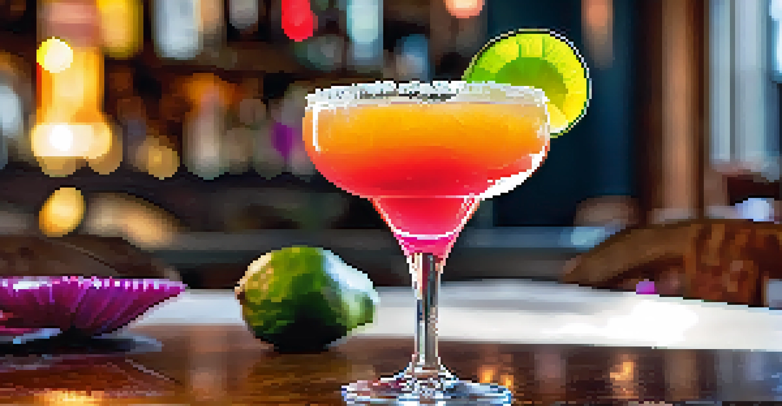 A close-up of a prickly pear margarita in a stylish glass, with ceviche in the background, showcasing vibrant colors.