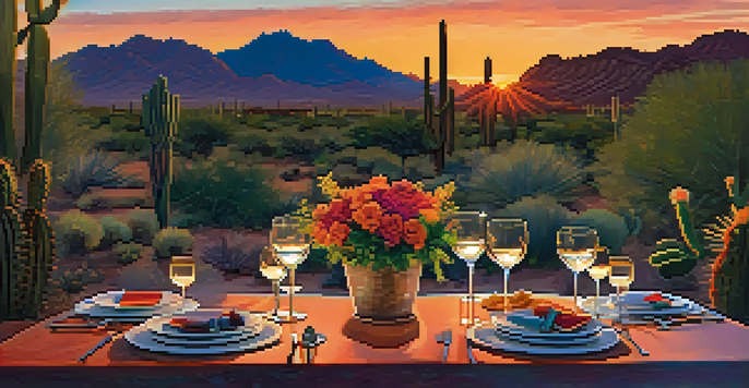 An outdoor dining table set for two at sunset, with dishes and candles, overlooking the desert landscape and Camelback Mountain.