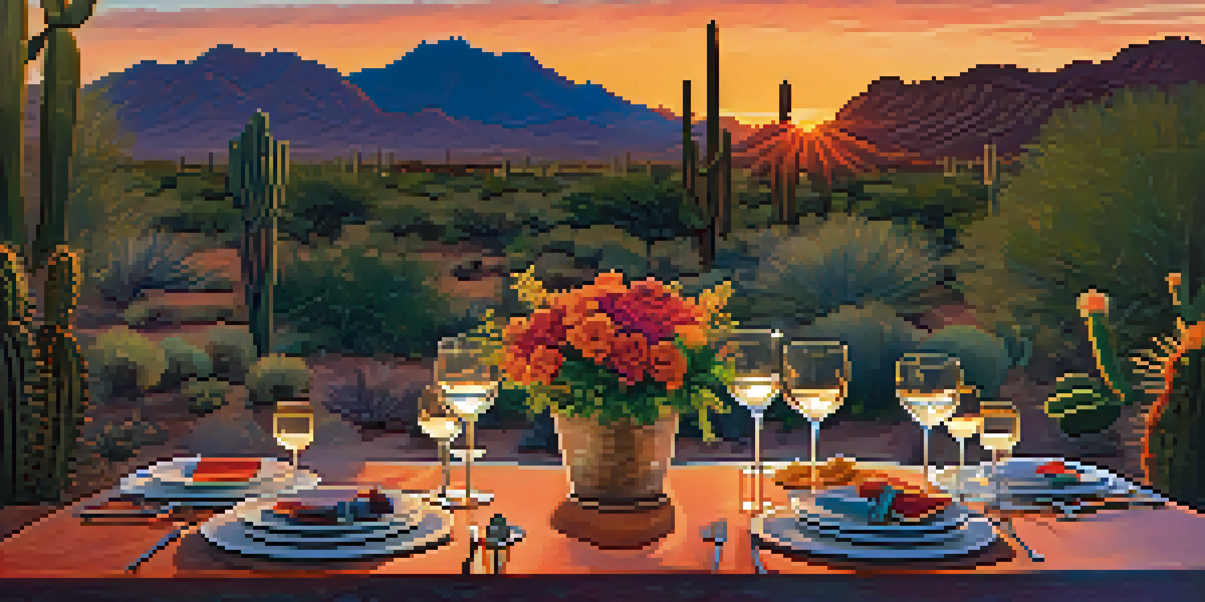 An outdoor dining table set for two at sunset, with dishes and candles, overlooking the desert landscape and Camelback Mountain.