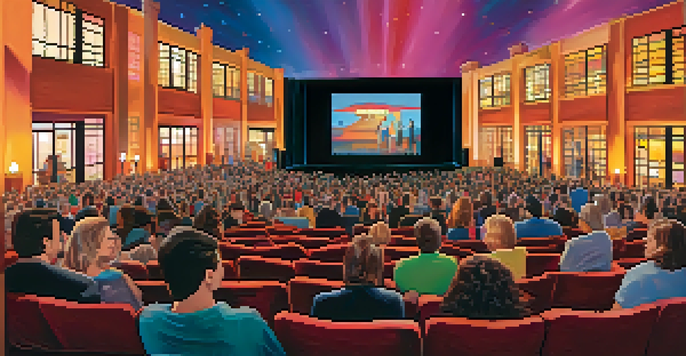 Crowded theater at the Scottsdale International Film Festival with diverse audiences watching a film, colorful posters, and warm projector lights.