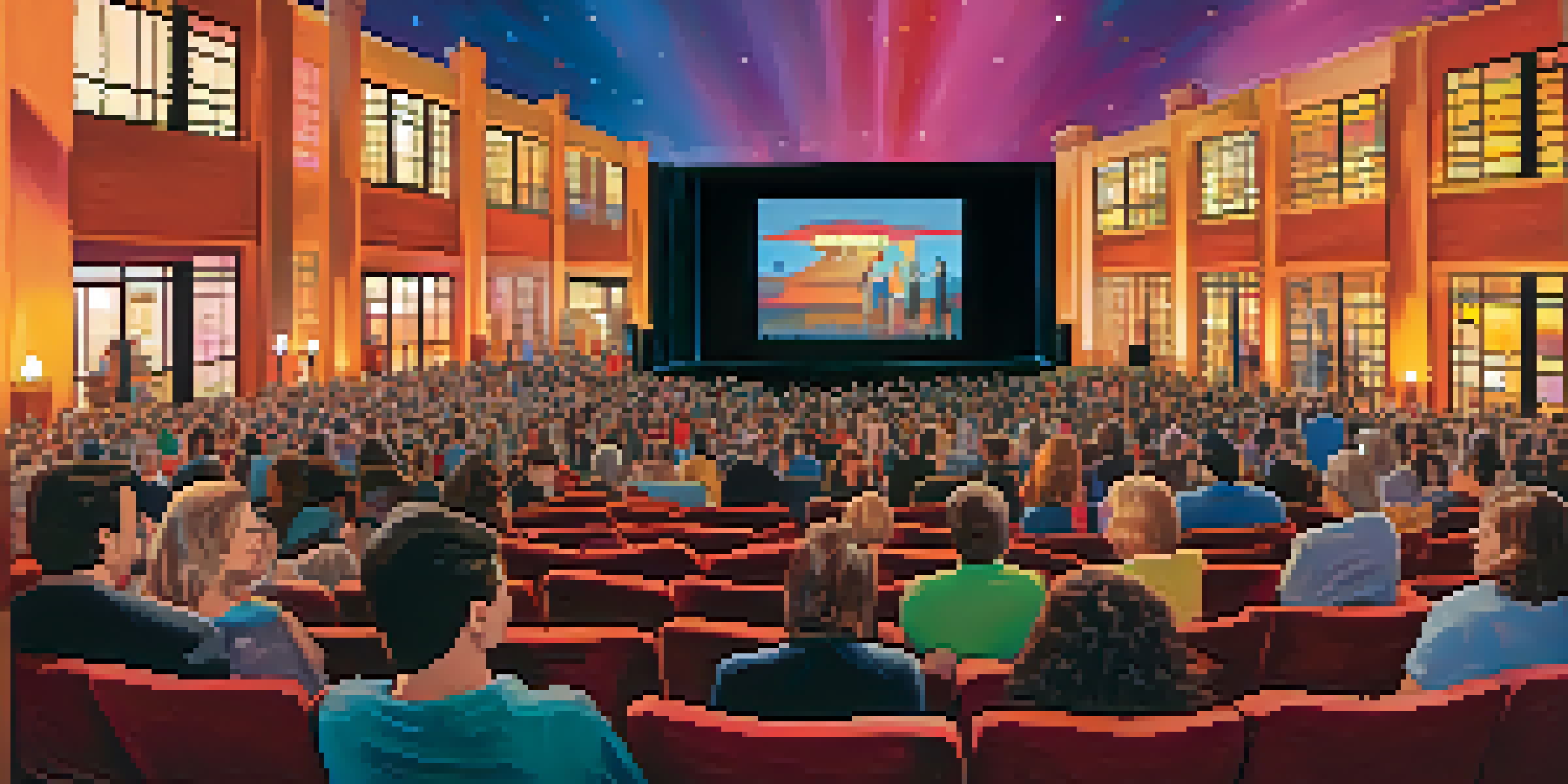 Crowded theater at the Scottsdale International Film Festival with diverse audiences watching a film, colorful posters, and warm projector lights.