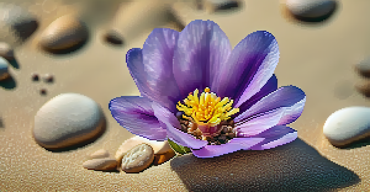 A close-up view of a blooming desert flower with vibrant, intricate petals and a blurred background.