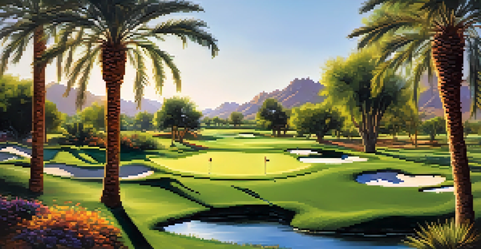 A family of four enjoying a day of golf at a scenic course in Scottsdale, with desert landscapes and clear skies.