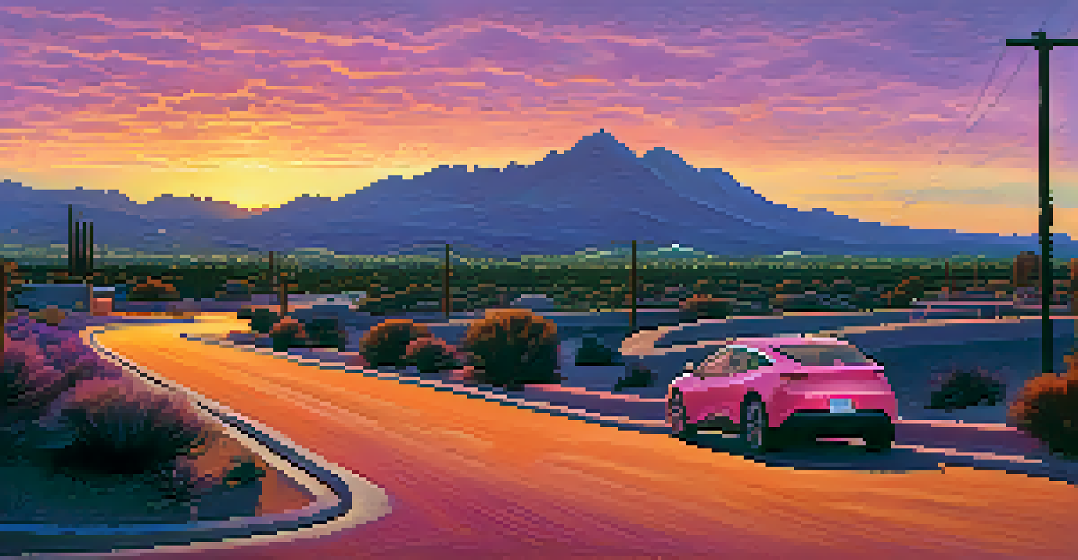 A scenic sunset in Scottsdale with electric vehicles on a winding road leading towards the mountains.