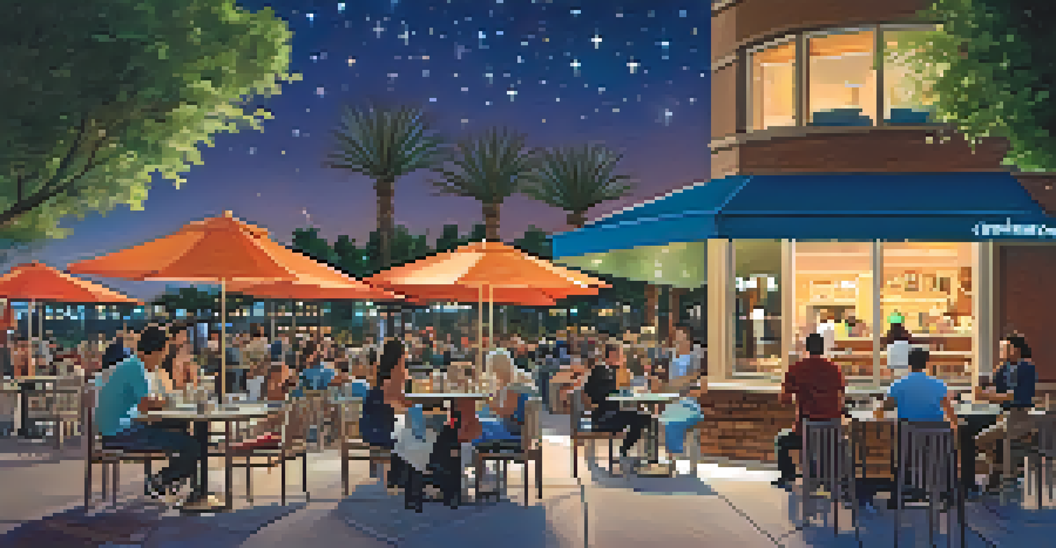 A bustling café scene at night with patrons enjoying desserts under a starry sky, surrounded by city lights, offering a unique blend of urban and celestial ambiance.
